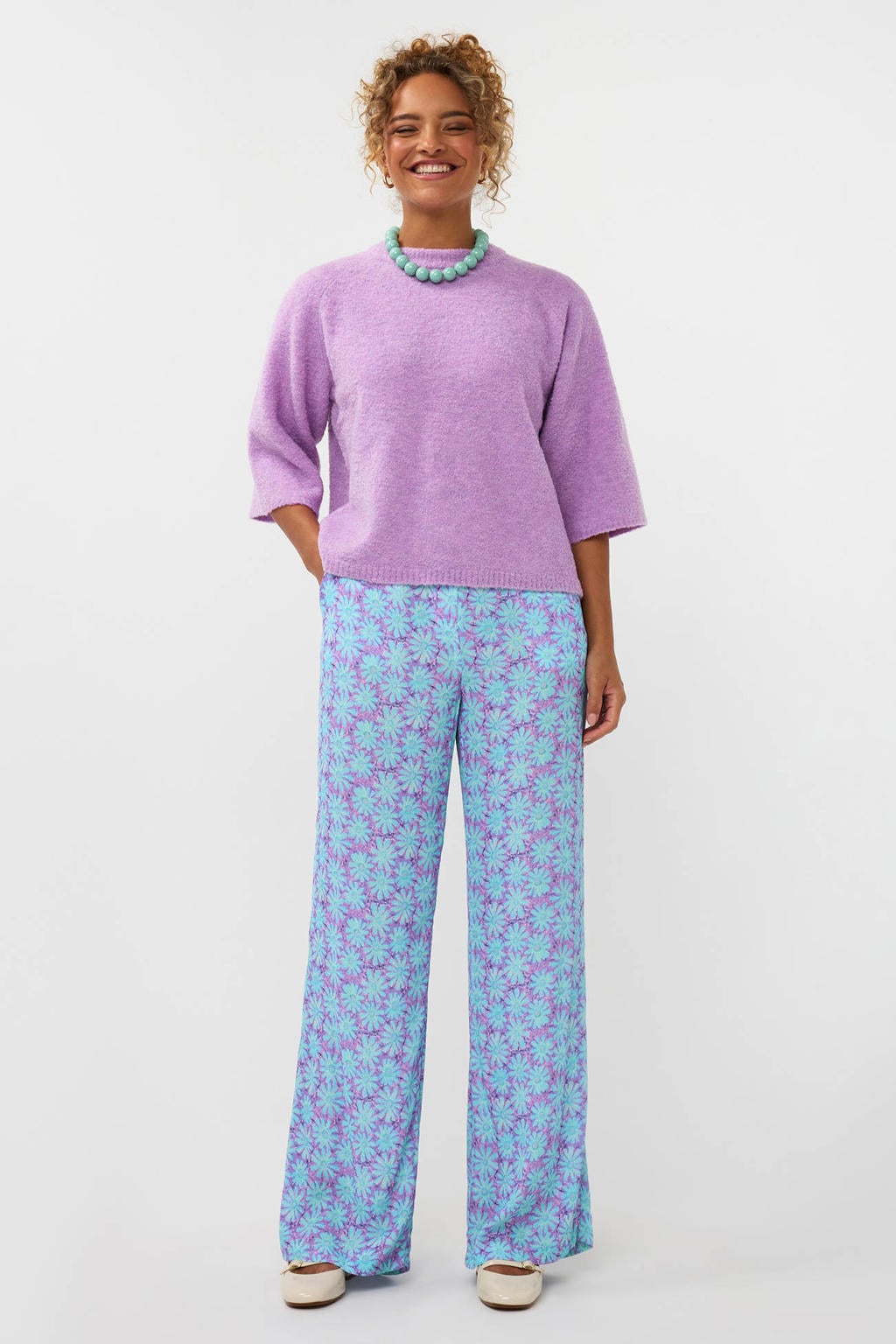 Lilakleurige dames Ydence pullover fijn gebreid van acryl met effen, half lange mouwen en ronde hals