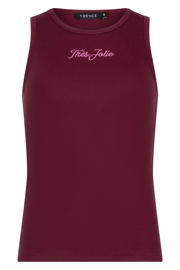 thumbnail: Donkerrode dames Ydence mouwloze top rib gebreid met tekst print en ronde hals