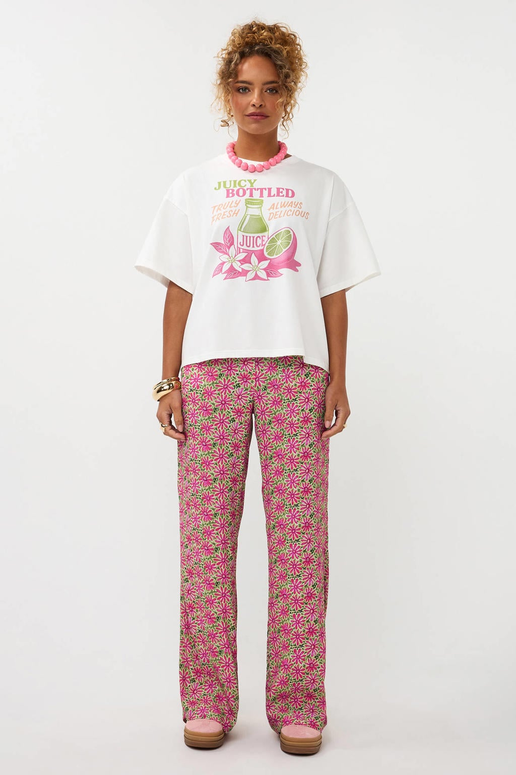 Witte dames Ydence T-shirt van katoen met printopdruk, korte mouwen en ronde hals