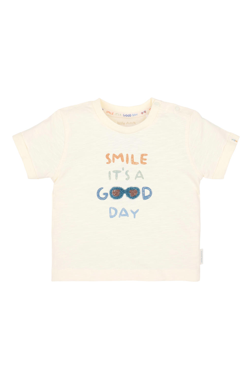 Ecru jongens Little Dutch T-shirt van katoen met printopdruk, korte mouwen, ronde hals en drukknoopsluiting