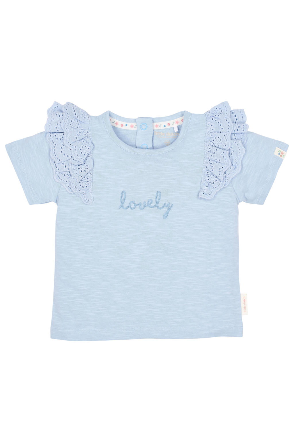 Lichtblauwe meisjes Little Dutch T-shirt broderie van katoen met tekst print, korte mouwen, ronde hals, drukknoopsluiting en borduursels