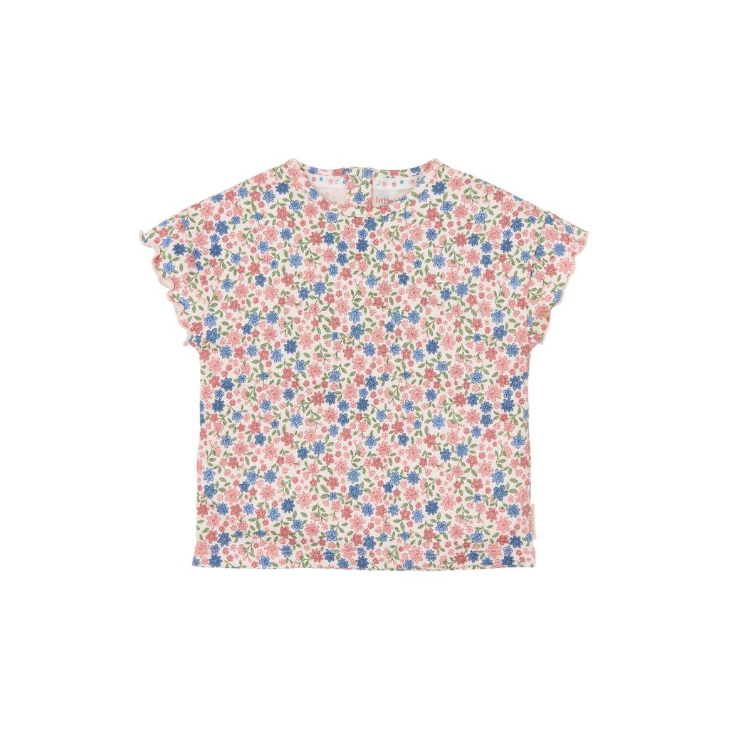 Roze, blauw en groene meisjes Little Dutch gebloemde T-shirt van katoen met korte mouwen, ronde hals, drukknoopsluiting en golvende afwerking