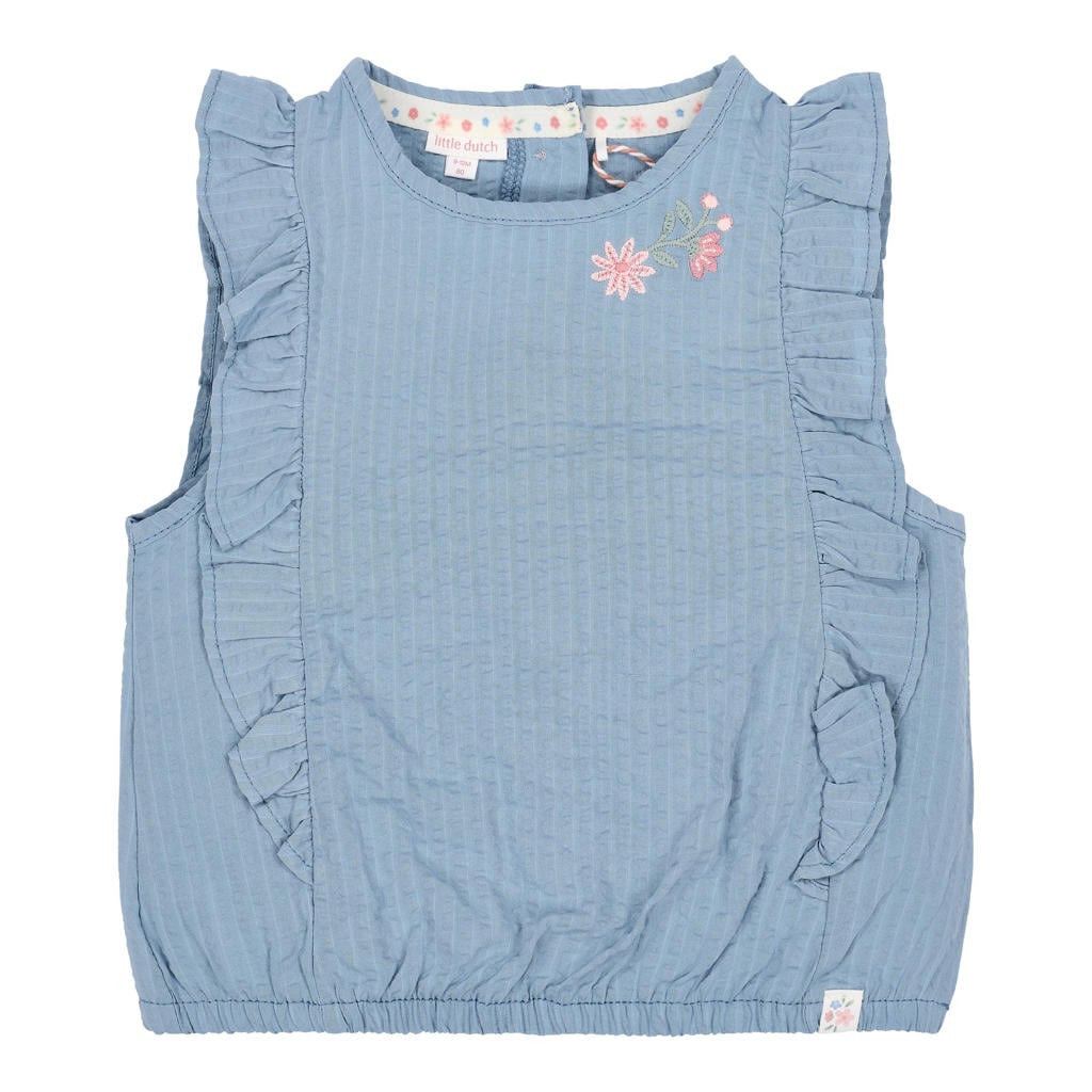 Blauwe meisjes Little Dutch gebloemde mouwloze top met ronde hals en borduursels