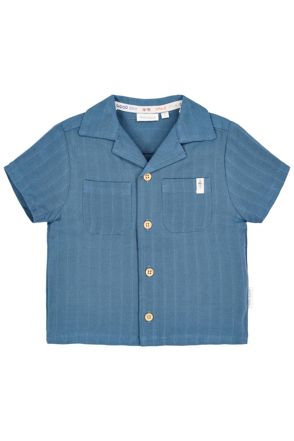 Blauwe jongens Little Dutch overhemd van viscose met effen, korte mouwen, klassieke kraag en knoopsluiting