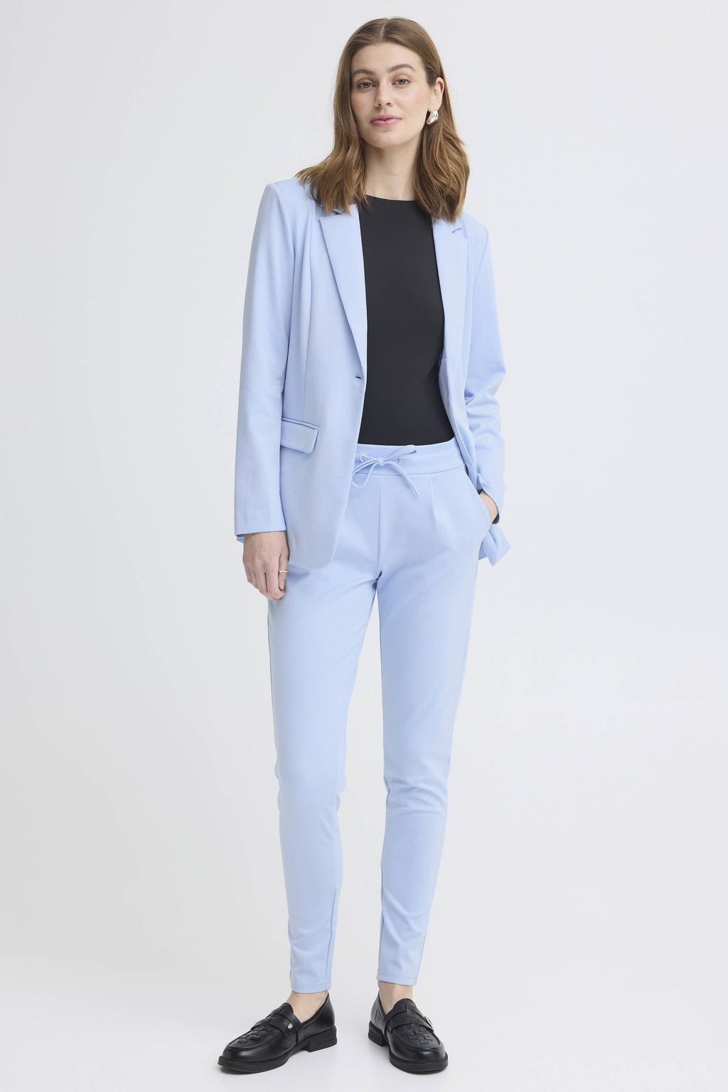 Lichtblauwe dames ICHI jersey regular waist casual broek van polyester met elastische tailleband met koord en effen