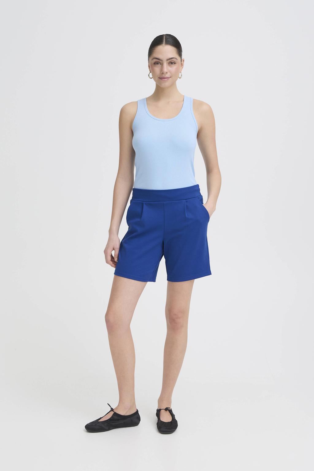 Blauwe dames ICHI regular waist casual short van polyester met elastische tailleband en effen
