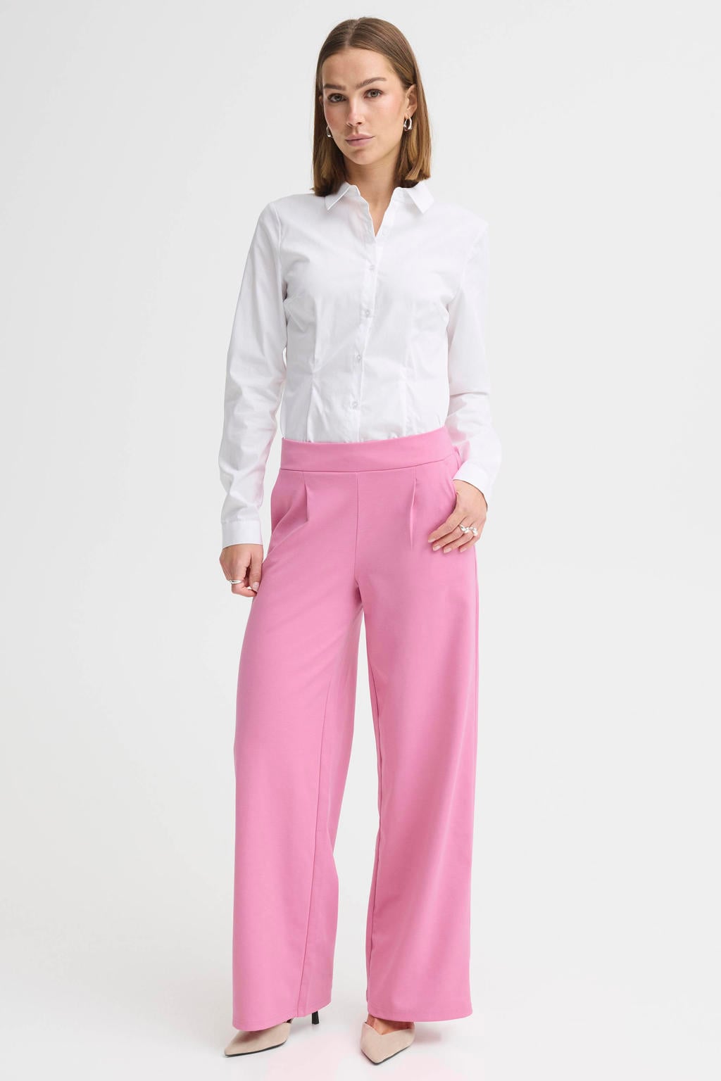 Roze dames ICHI wide leg high waist pantalon met effen