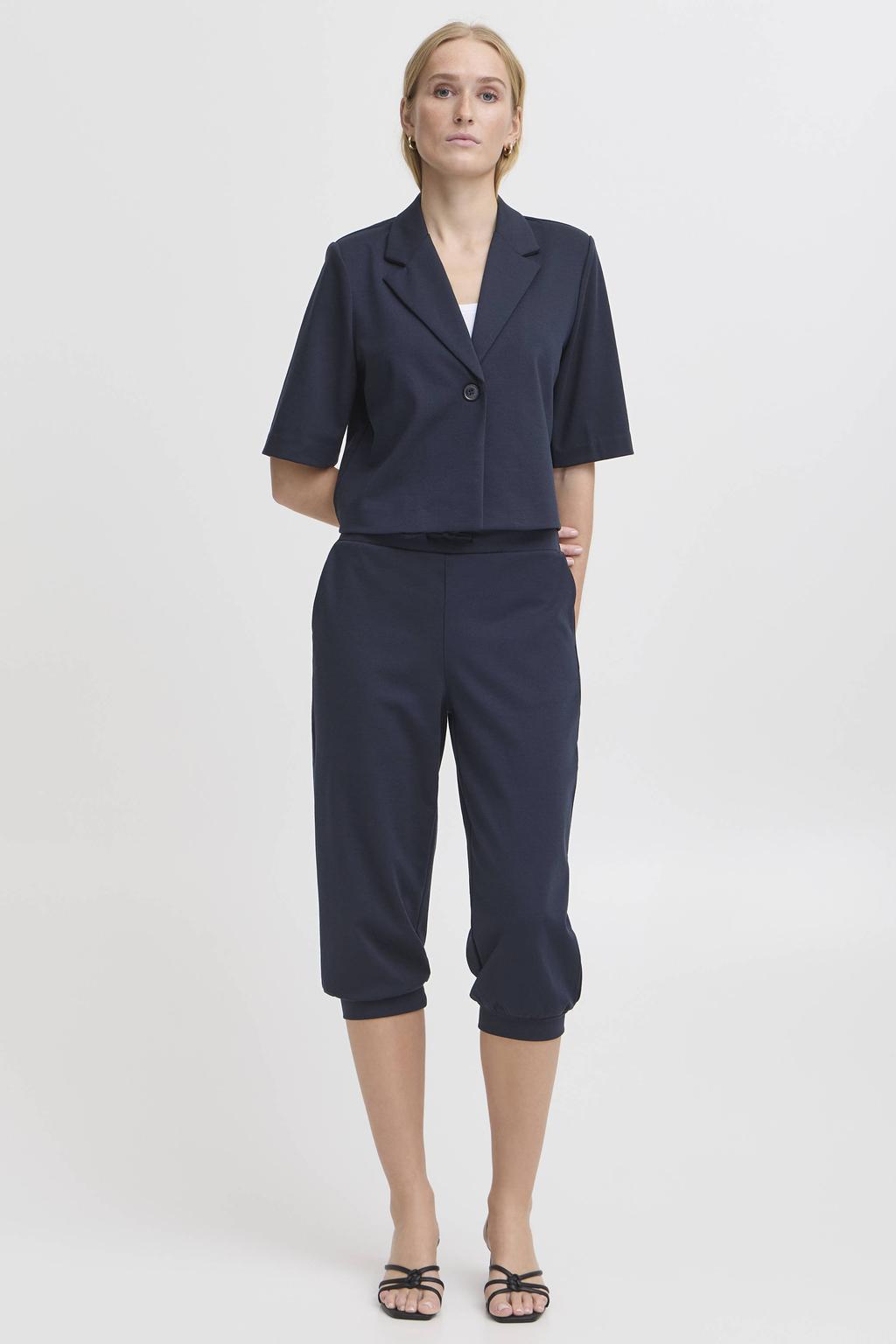 Marineblauw dames ICHI cropped blazer blauw van polyester met effen, half lange mouwen, reverskraag en knoopsluiting