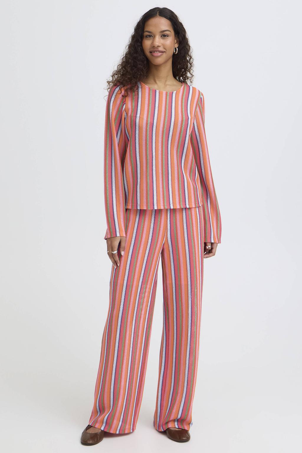 Oranje en roze dames ICHI gestreepte top van polyester met lange mouwen en ronde hals