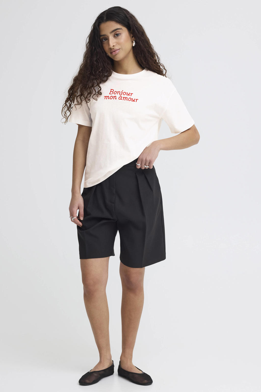 Witte dames ICHI T-shirt van katoen met printopdruk, korte mouwen en ronde hals