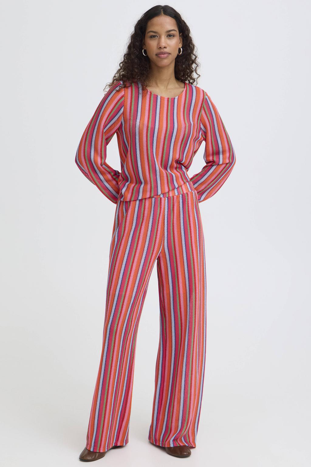 Oranje en roze dames ICHI wide leg high waist gestreepte broek