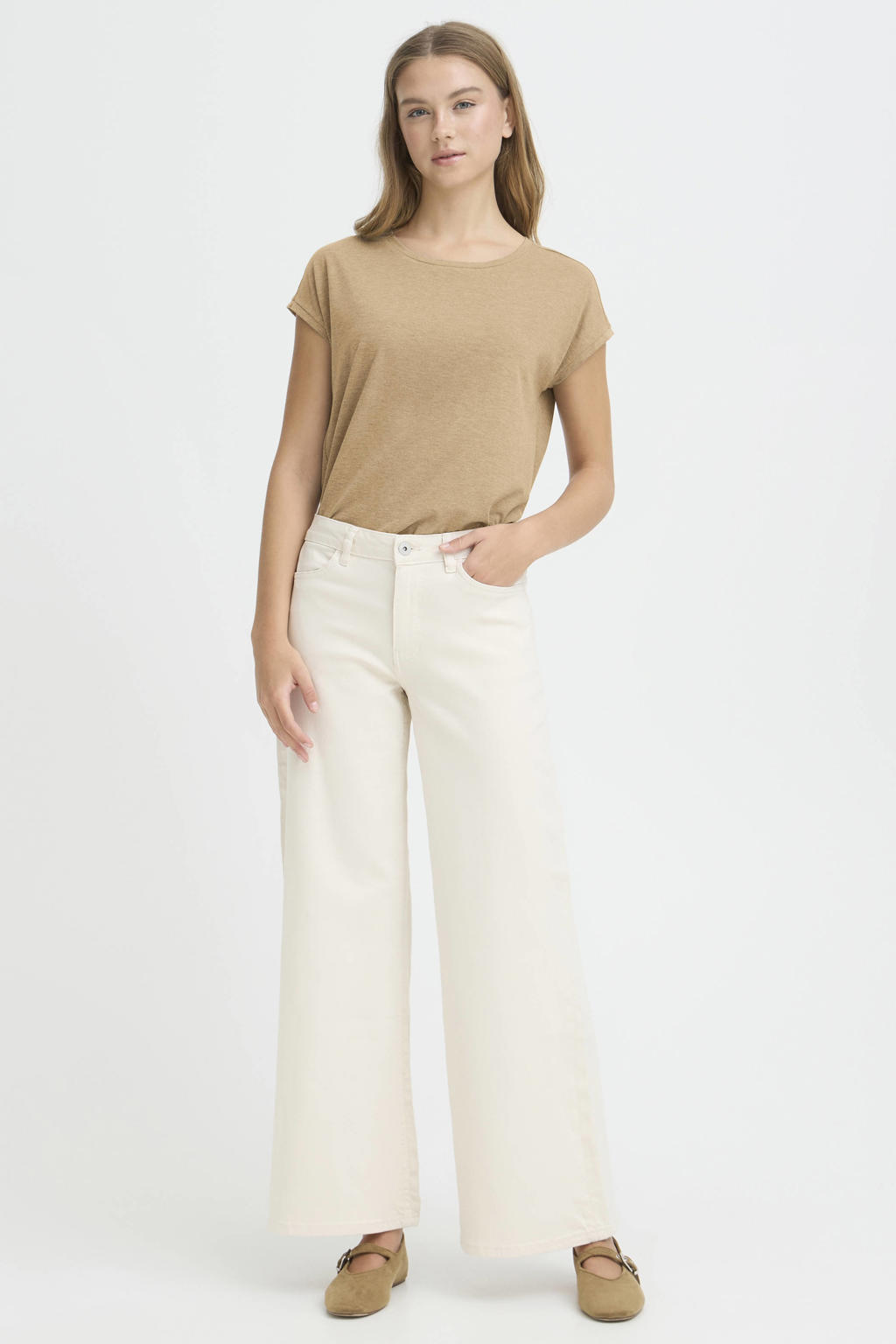 Ecru dames ICHI high waist wide leg jeans van denim met rits- en knoopsluiting en effen