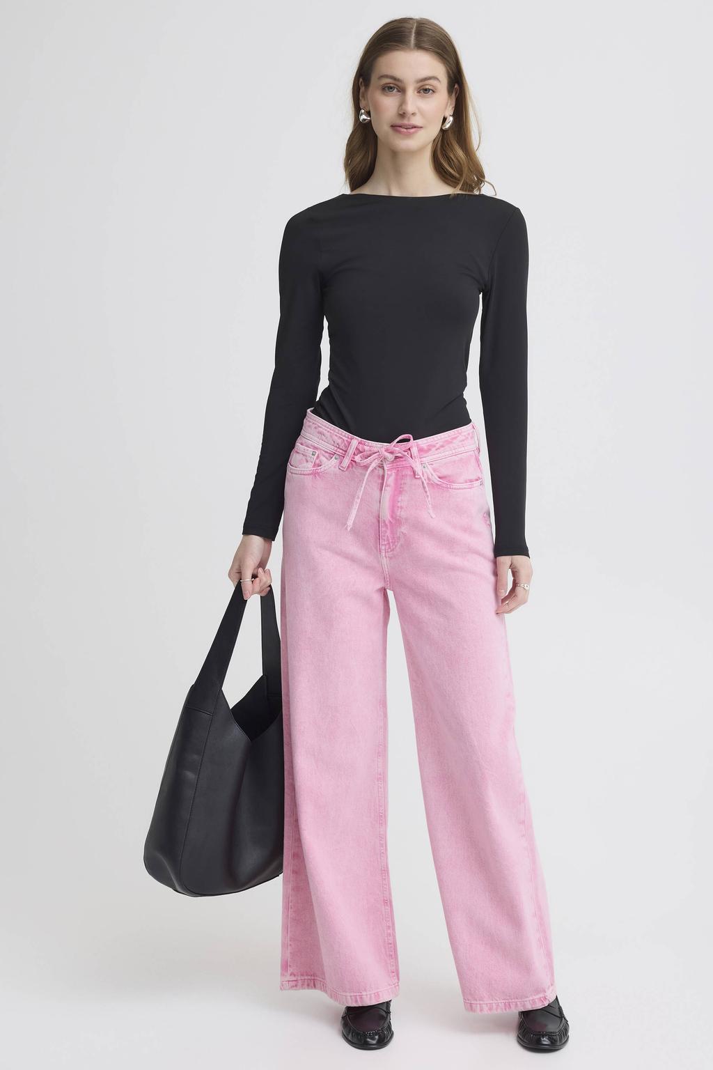 Roze dames ICHI high waist wide leg jeans van denim met rits- en knoopsluiting en effen