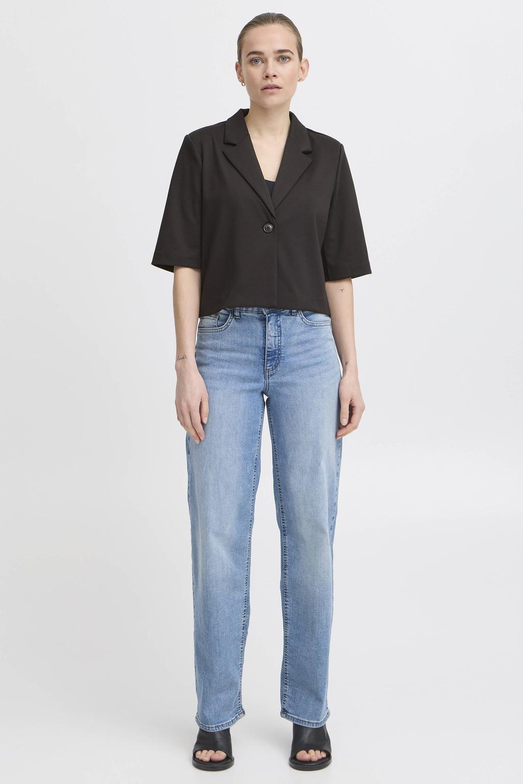 Zwarte dames ICHI cropped blazer van polyester met effen, half lange mouwen, reverskraag en knoopsluiting