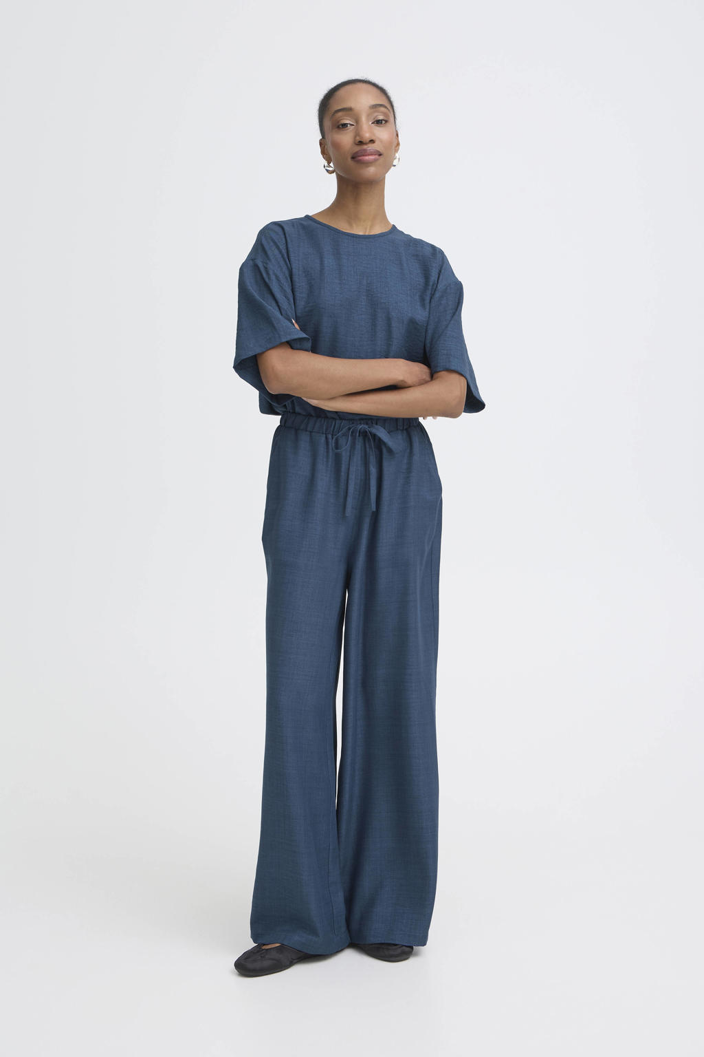 Blauwe dames ICHI straight high waist casual broek van polyester met elastische tailleband met koord en effen