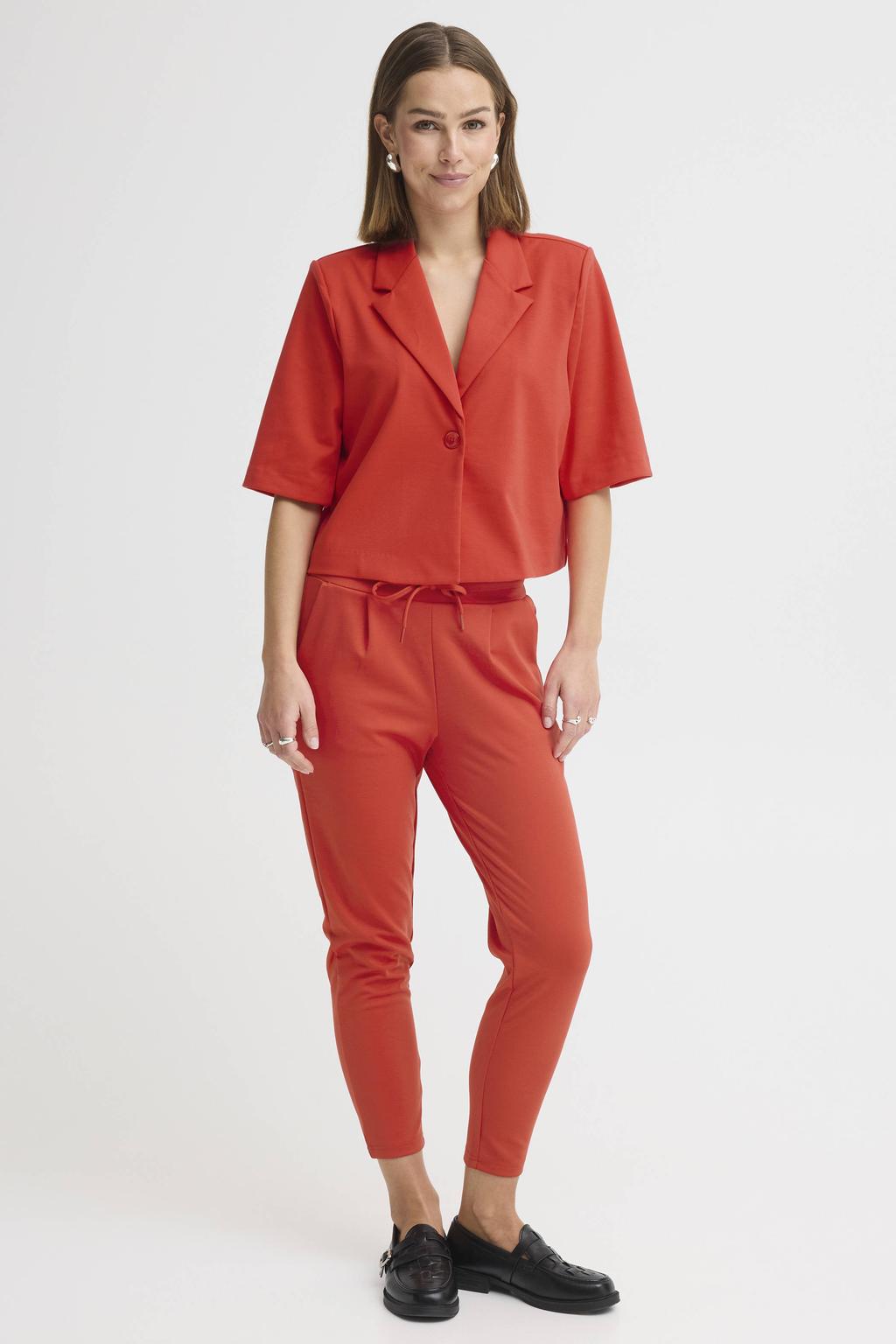 Rode dames ICHI cropped blazer van polyester met effen, half lange mouwen, reverskraag en knoopsluiting