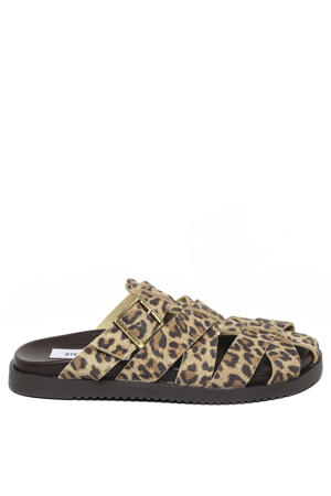 Mamba suède clogs met panterprint beige/zwart