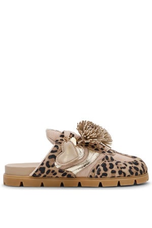 Bespoke suède clogs met panterprint beige/zwart