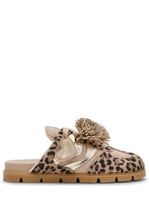 Bespoke suède clogs met panterprint beige/zwart