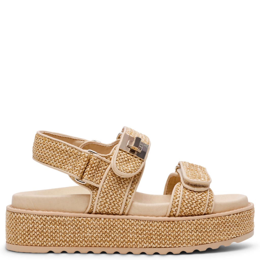 Beige dames Steve Madden Bigmona sandalen van raffia met klittenband