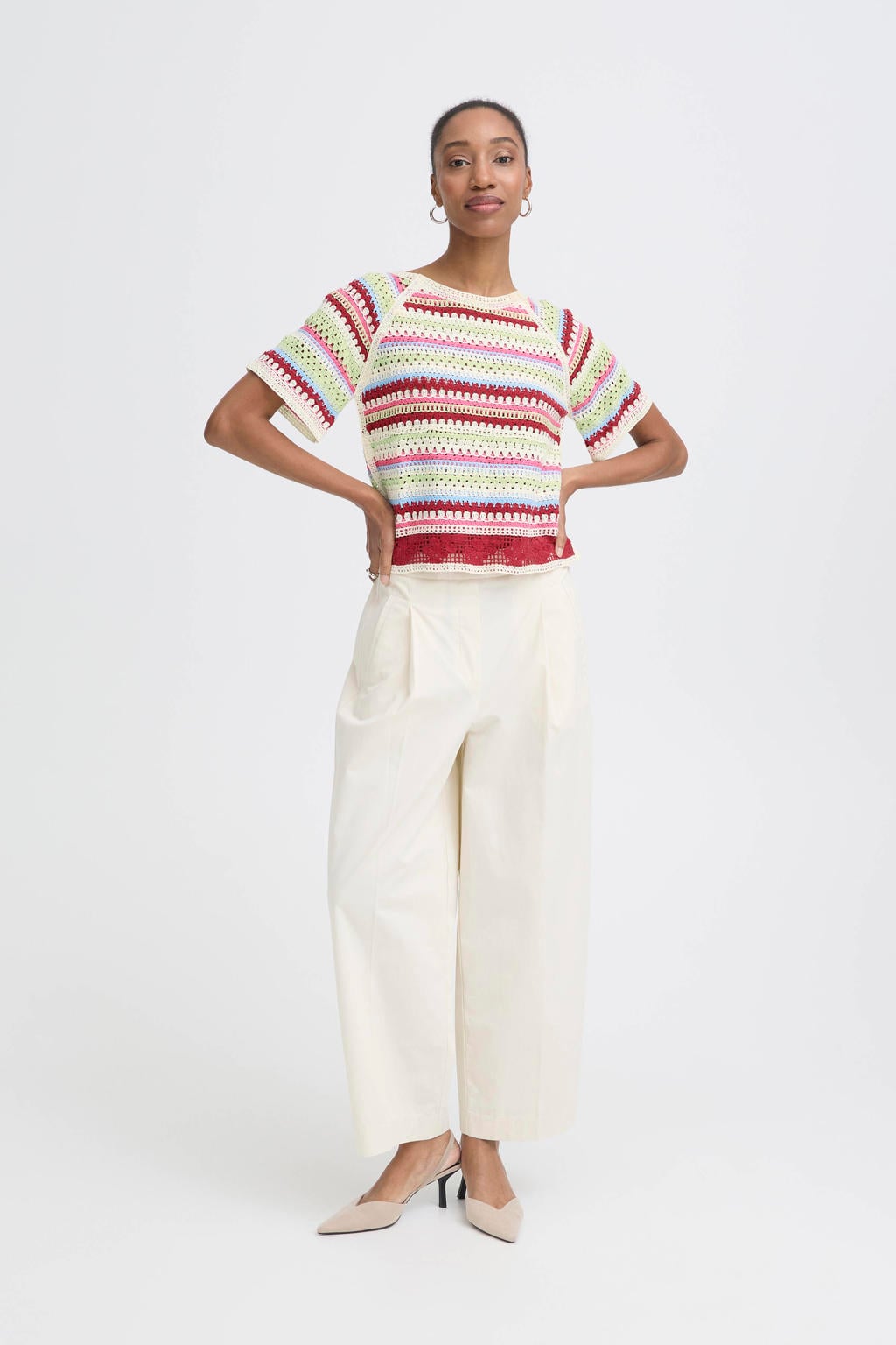 Multikleurige dames ICHI gestreepte top gehaakt met korte mouwen, ronde hals en crochet