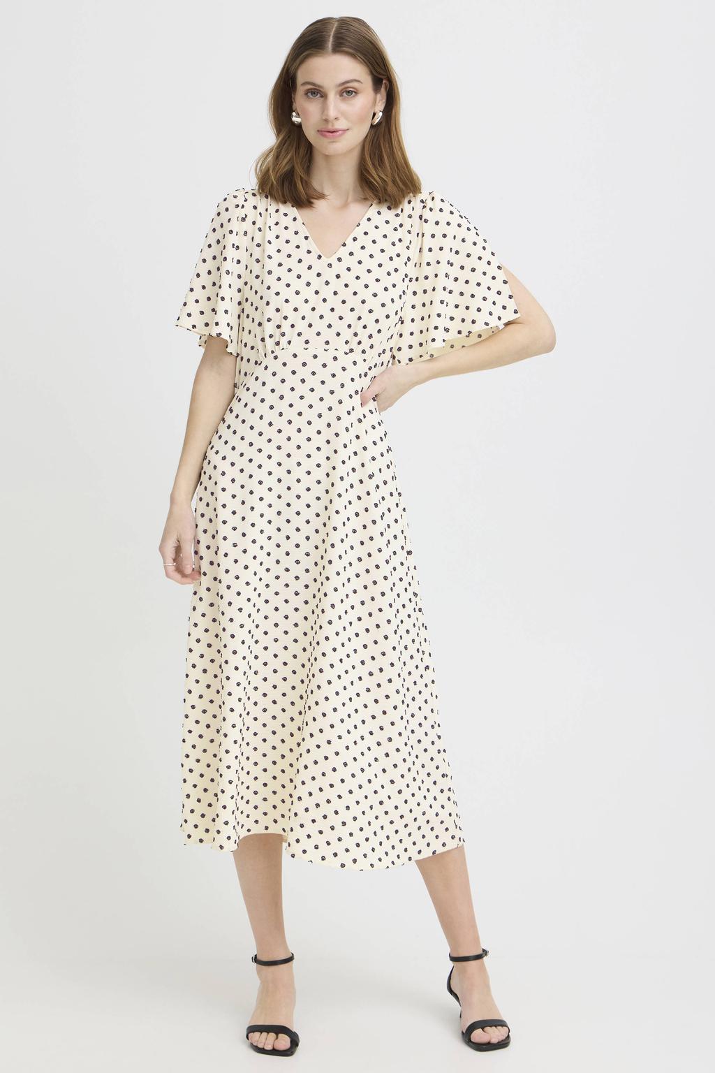 Ecru dames ICHI midi a-lijn jurk van polyester met korte mouwen en V-hals