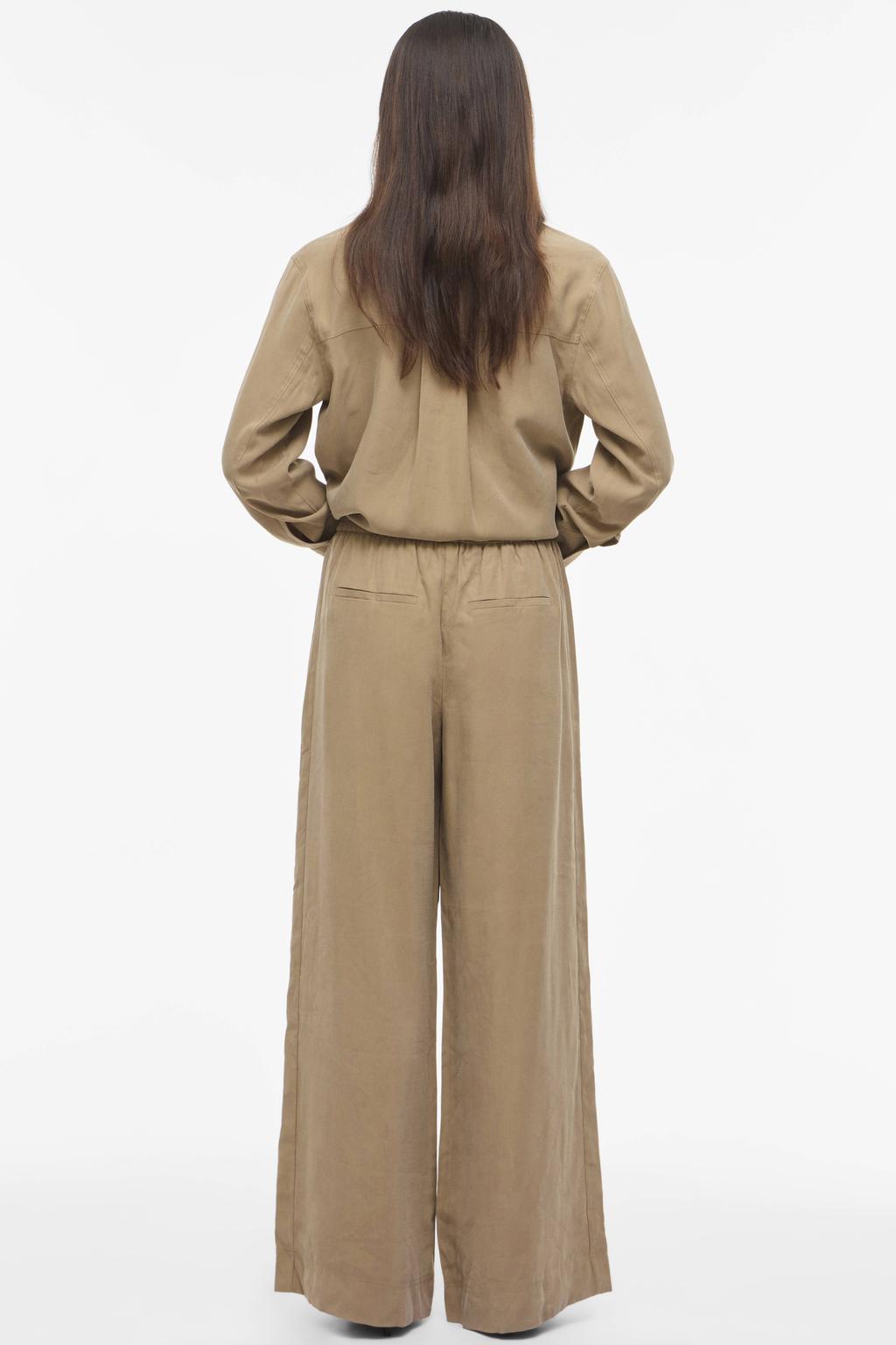 Beige dames ROUGE EDIT wide leg high waist casual broek van modal met effen