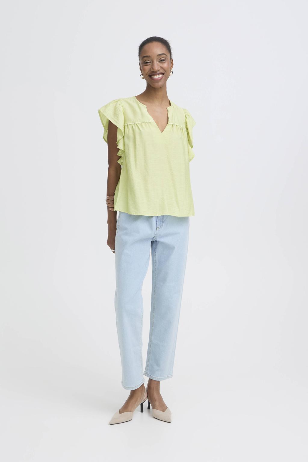 Groene dames ICHI top van viscose met effen, korte mouwen, V-hals en plooien