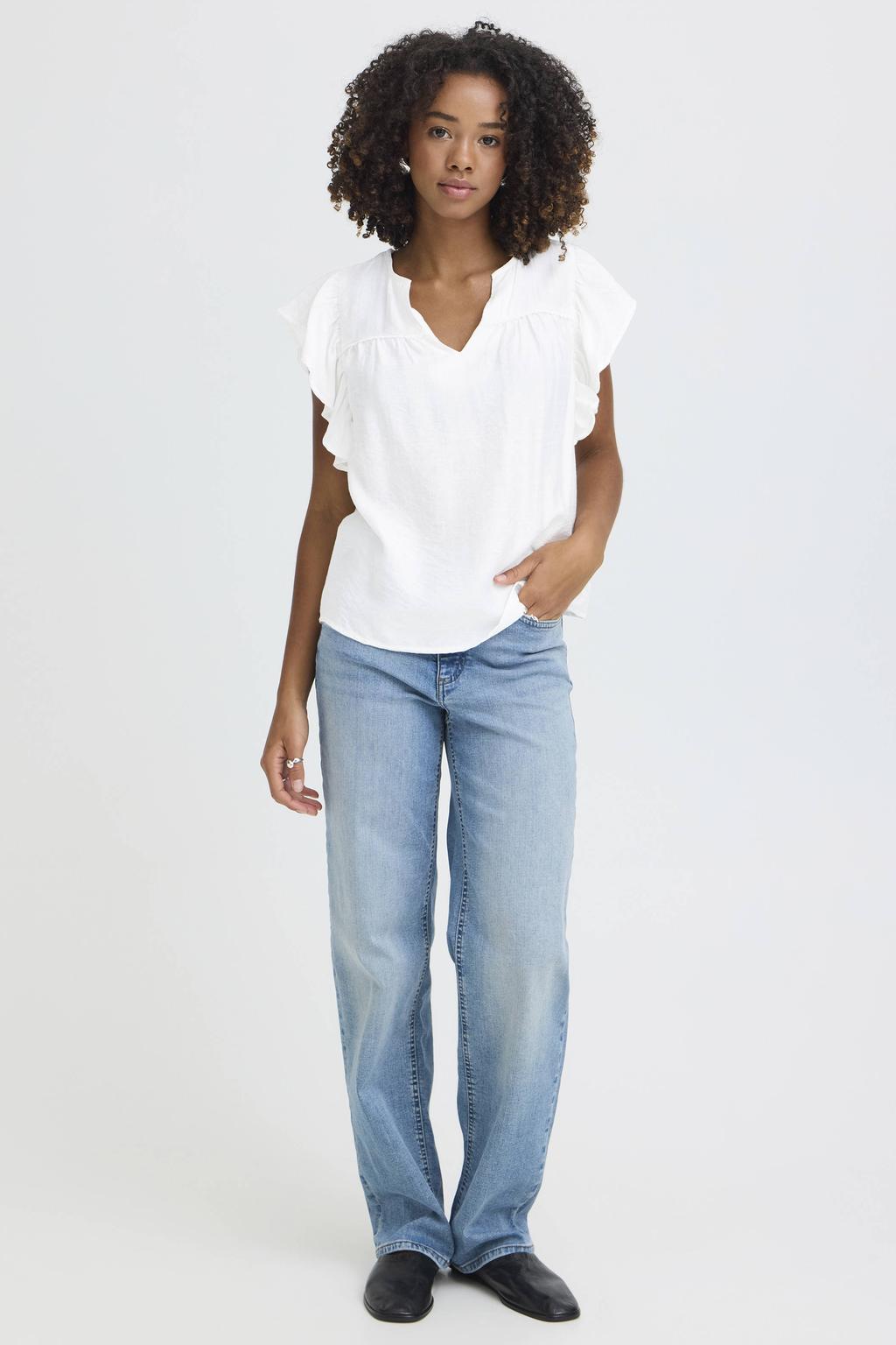 Witte dames ICHI top van viscose met effen, korte mouwen, V-hals en plooien