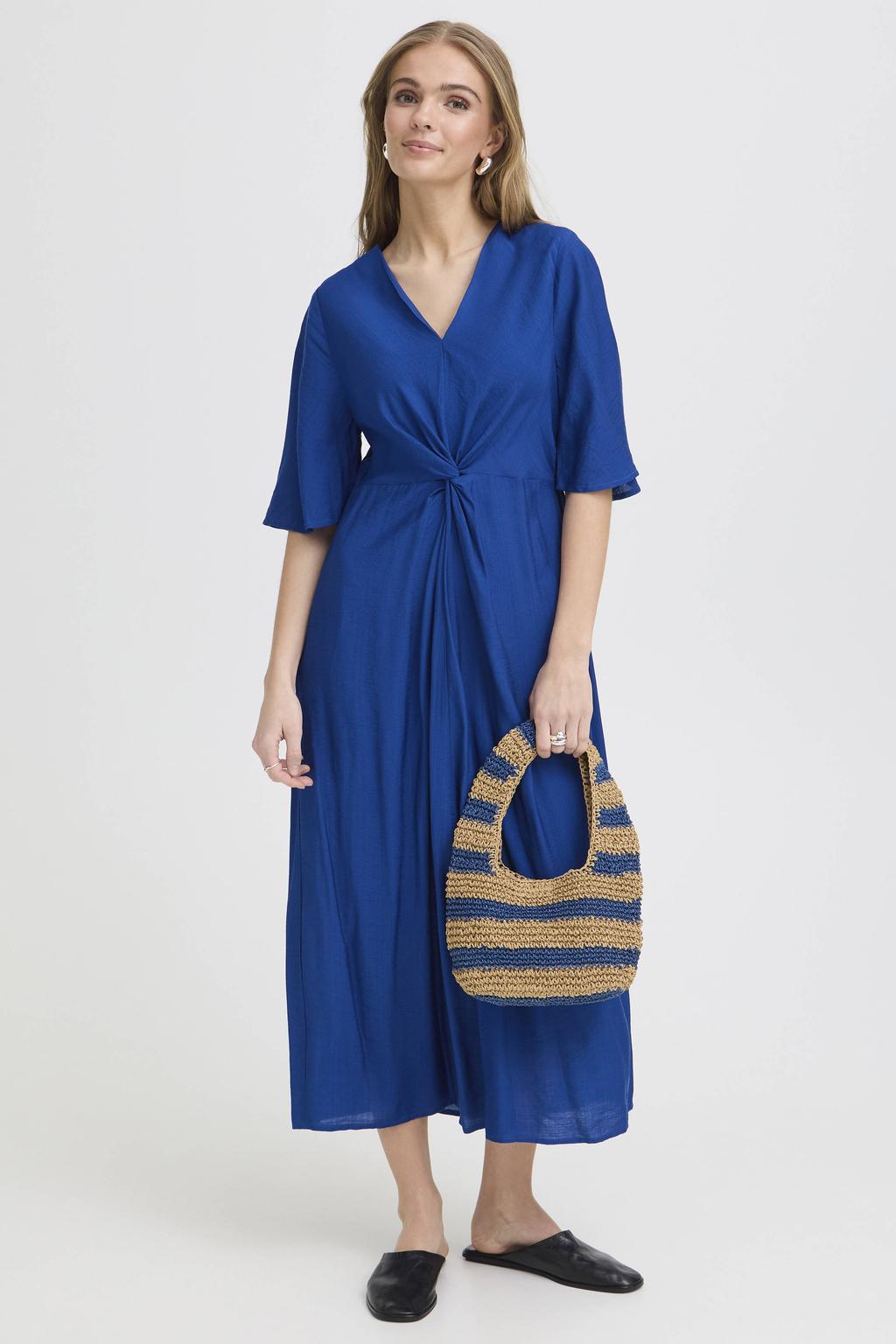 Blauwe dames ICHI maxi wikkeljurk van viscose met effen, half lange mouwen, V-hals en knoopdetail