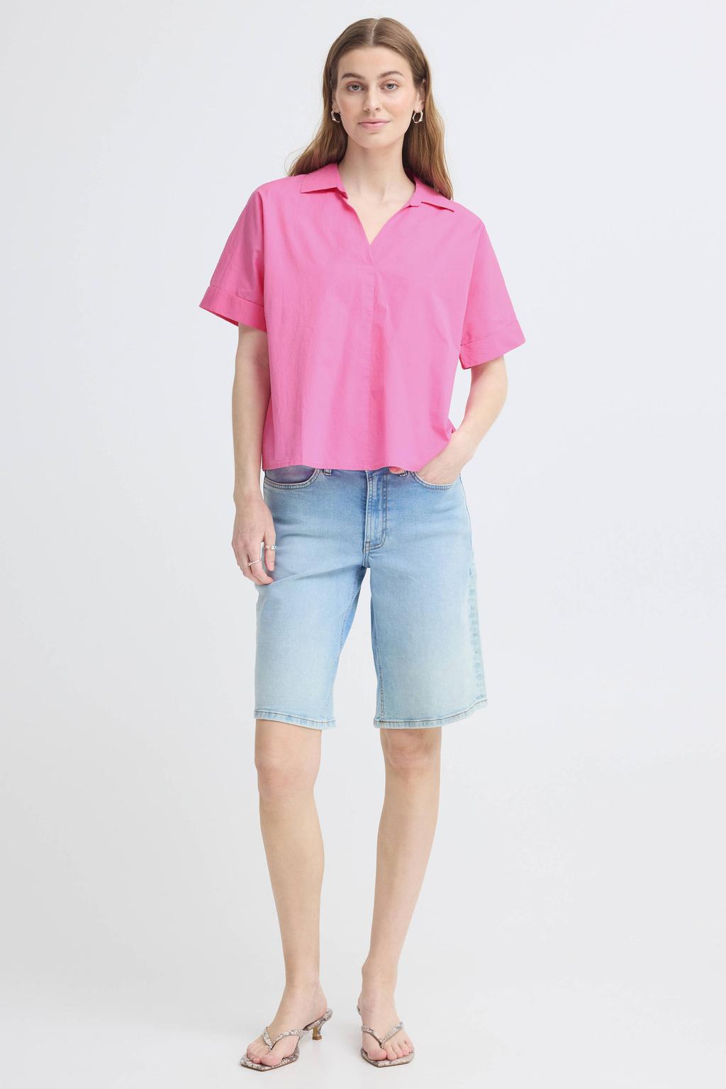 Roze dames ICHI blousetop van katoen met effen, korte mouwen, V-hals, knoopsluiting en omslagdetail