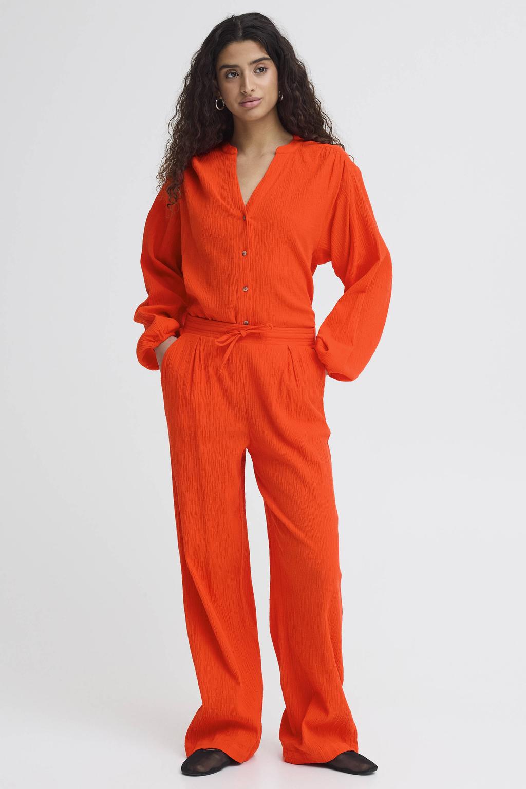 Donker oranje dames ICHI wide leg high waist casual broek van katoen met elastische veter en effen