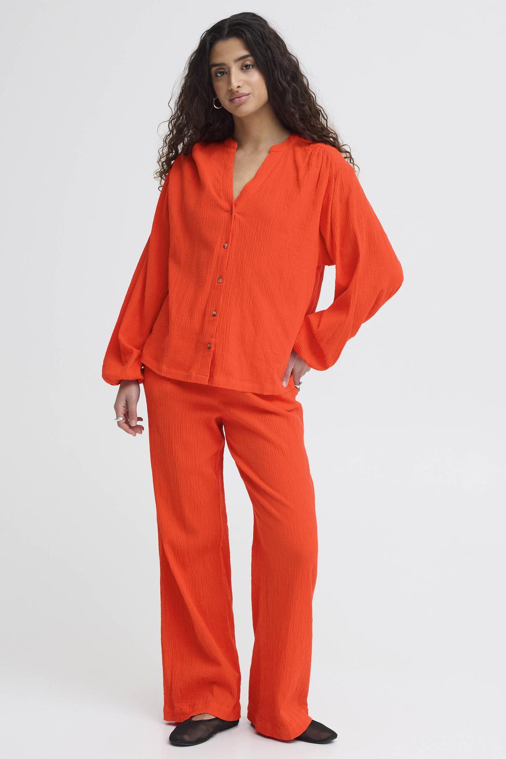 Donker oranje dames ICHI blouse van katoen met effen, lange mouwen, V-hals en knoopsluiting