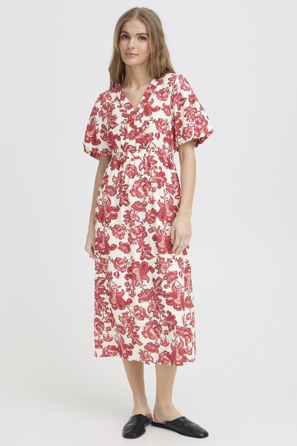Roze dames ICHI gebloemde A-lijn jurk van viscose met korte mouwen, V-hals en elastische boord