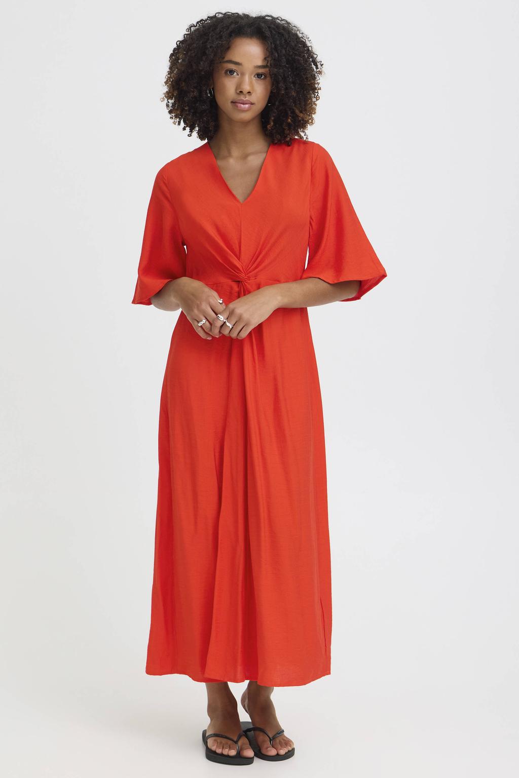 Rode dames ICHI wikkeljurk met rechte mouwen van viscose met effen, half lange mouwen en V-hals