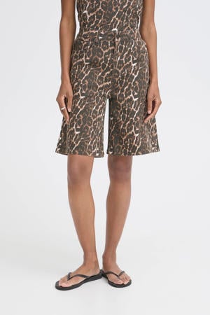 high waist denim short met panterprint bruin