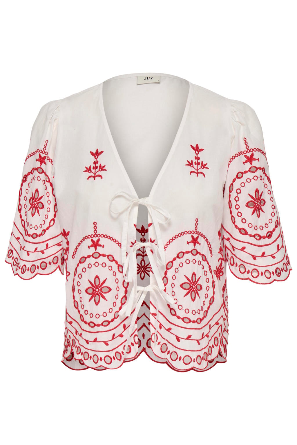 Ecru en rode dames JDY blousetop broderie van katoen met effen, korte mouwen, V-hals, striksluiting en borduursels
