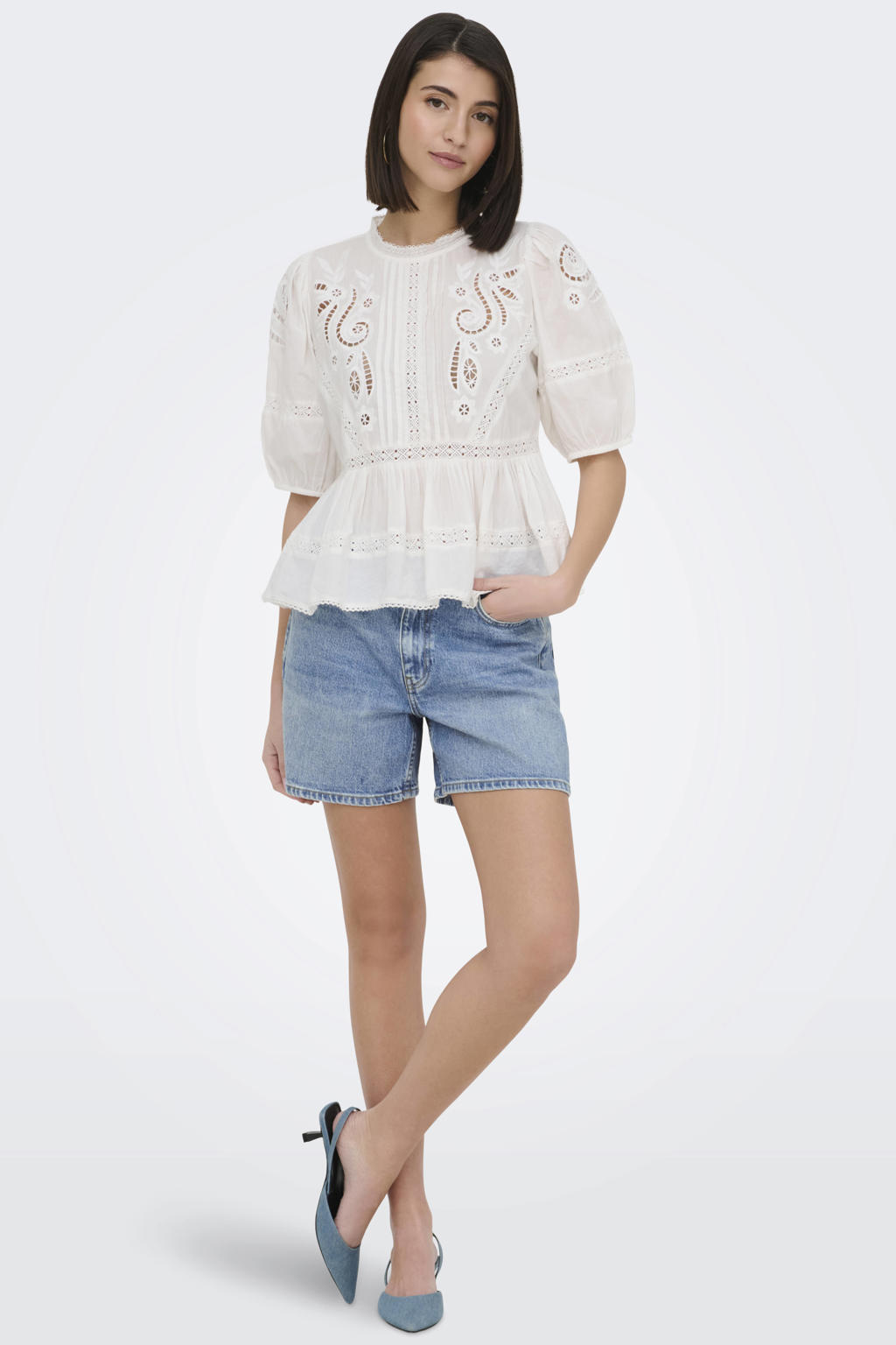 Light blue denim dames JDY wide leg high waist short van denim met rits- en knoopsluiting en effen