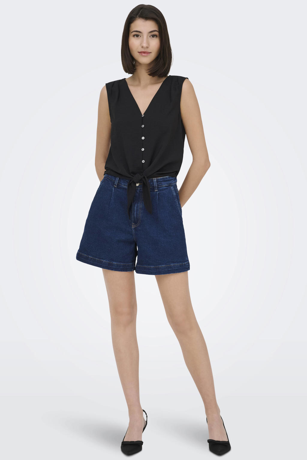 Zwarte dames JDY top van polyester met effen, V-hals en geweven detail