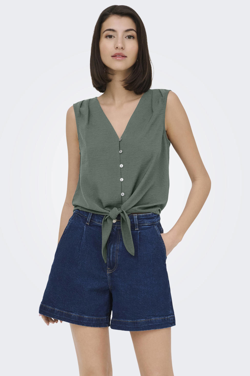 Grijsgroene dames JDY top groen van polyester met effen, V-hals en geweven detail