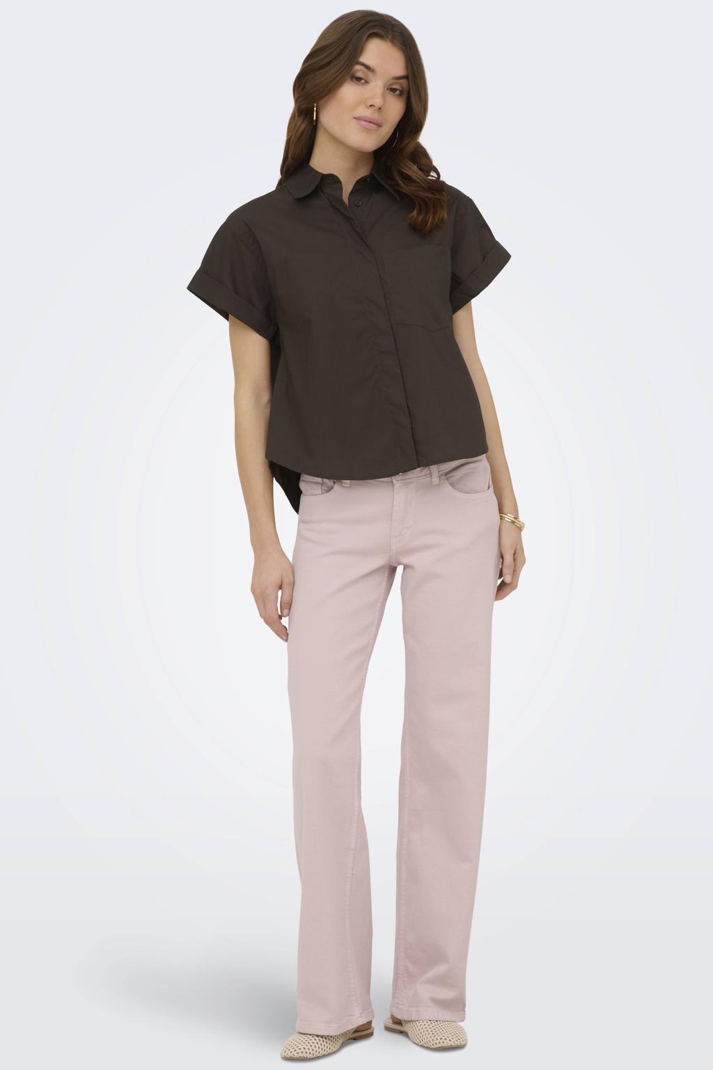 Roze dames ONLY Onljudy Lw Wide Leg Dnm Tai Epp Clr Dnm low waist straight leg jeans met rits- en knoopsluiting en effen