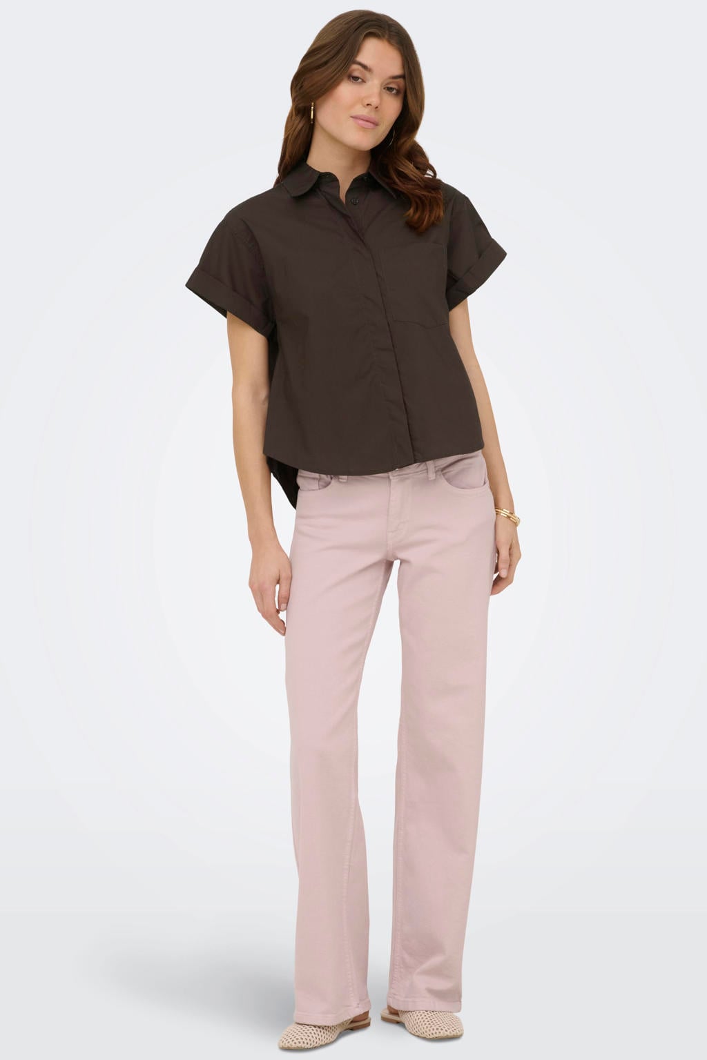 Roze dames ONLY Onljudy Lw Wide Leg Dnm Tai Epp Clr Dnm low waist straight leg jeans met rits- en knoopsluiting en effen