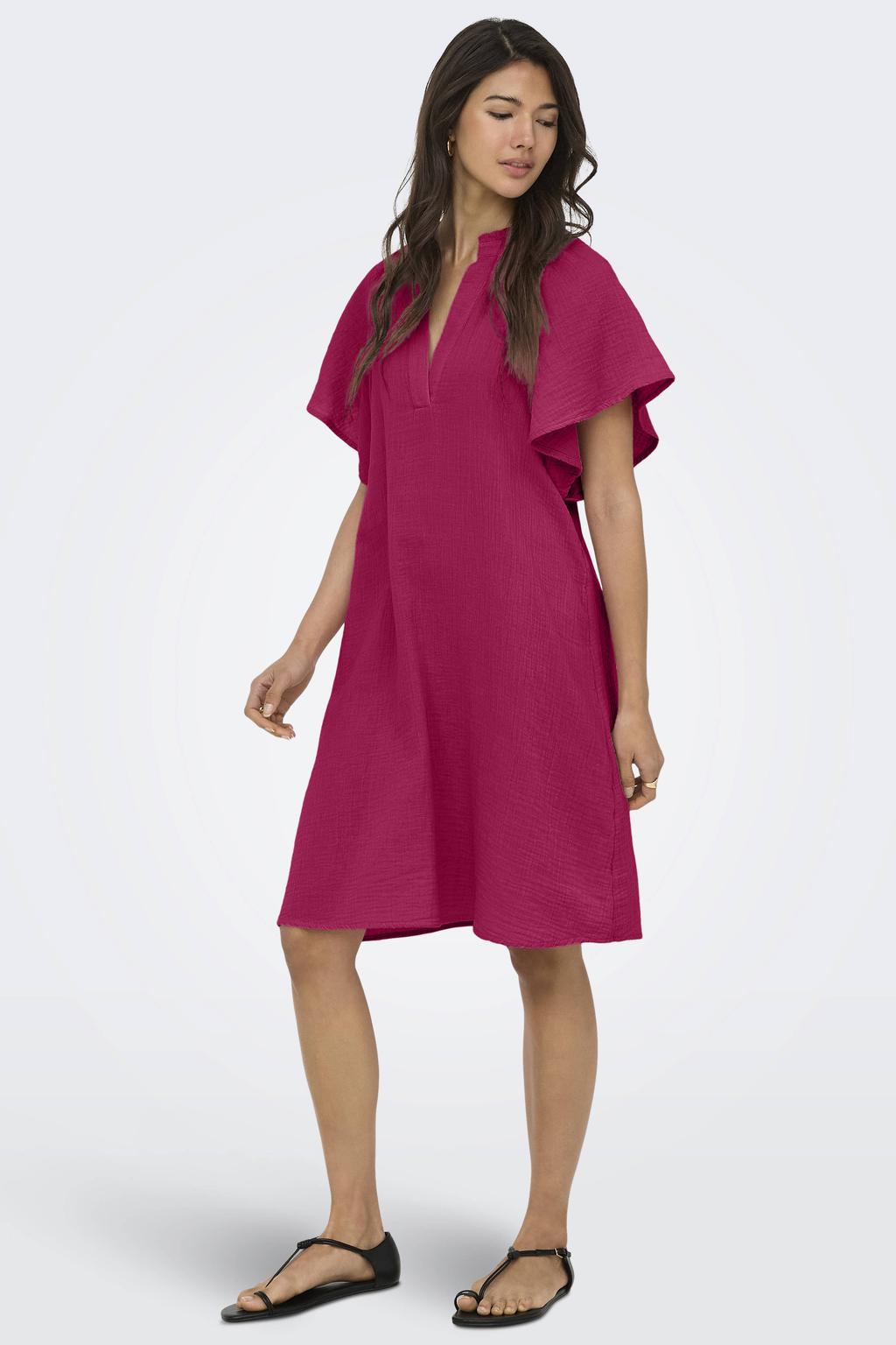 Roze dames ONLY mini jurk van katoen met effen, korte mouwen, V-hals en geweven detail
