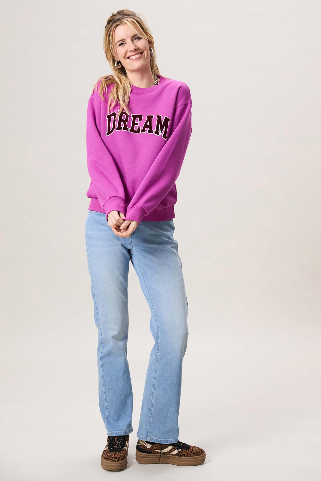 Paarse dames Miss Etam sweater van katoen met tekst print, lange mouwen en ronde hals