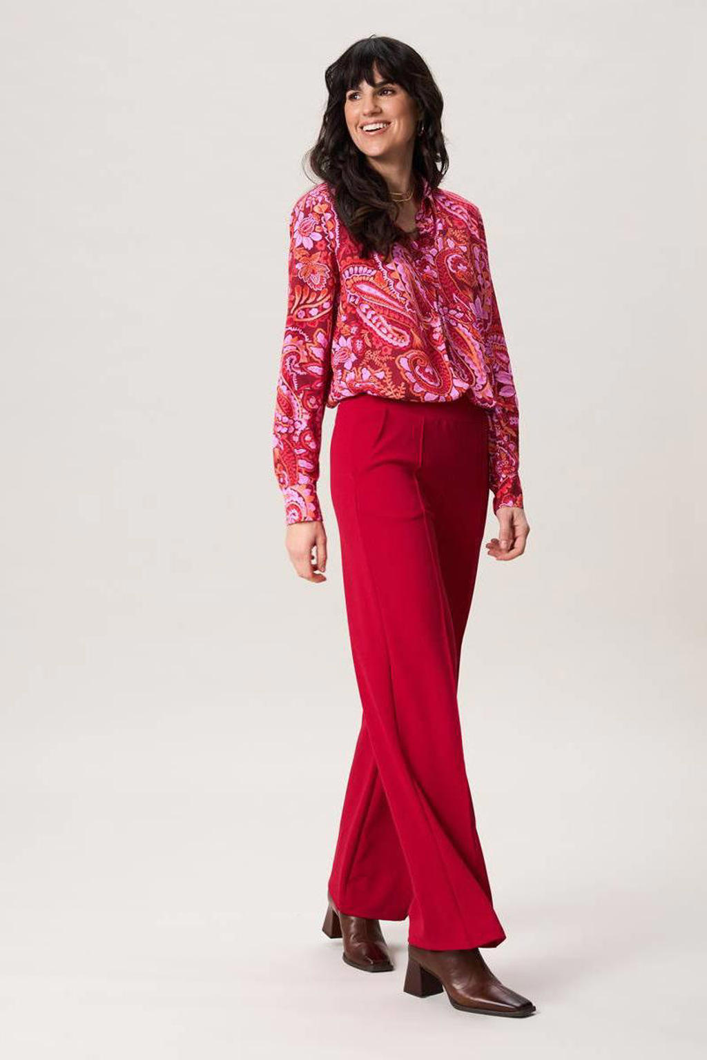 Rood en roze dames Miss Etam blouse van viscose met lange mouwen, klassieke kraag, knoopsluiting en omslagdetail