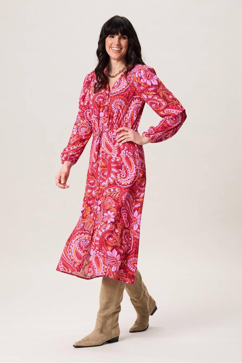 Rood en roze dames Miss Etam blouse van viscose met lange mouwen, V-hals en knoopsluiting