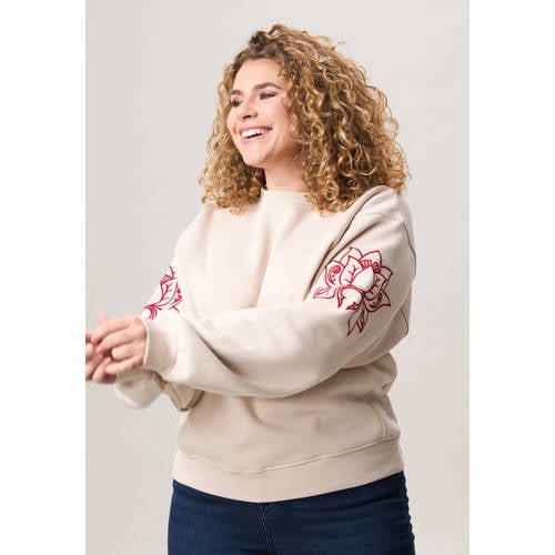 Miss Etam Plus gebloemde sweater crème afbeelding