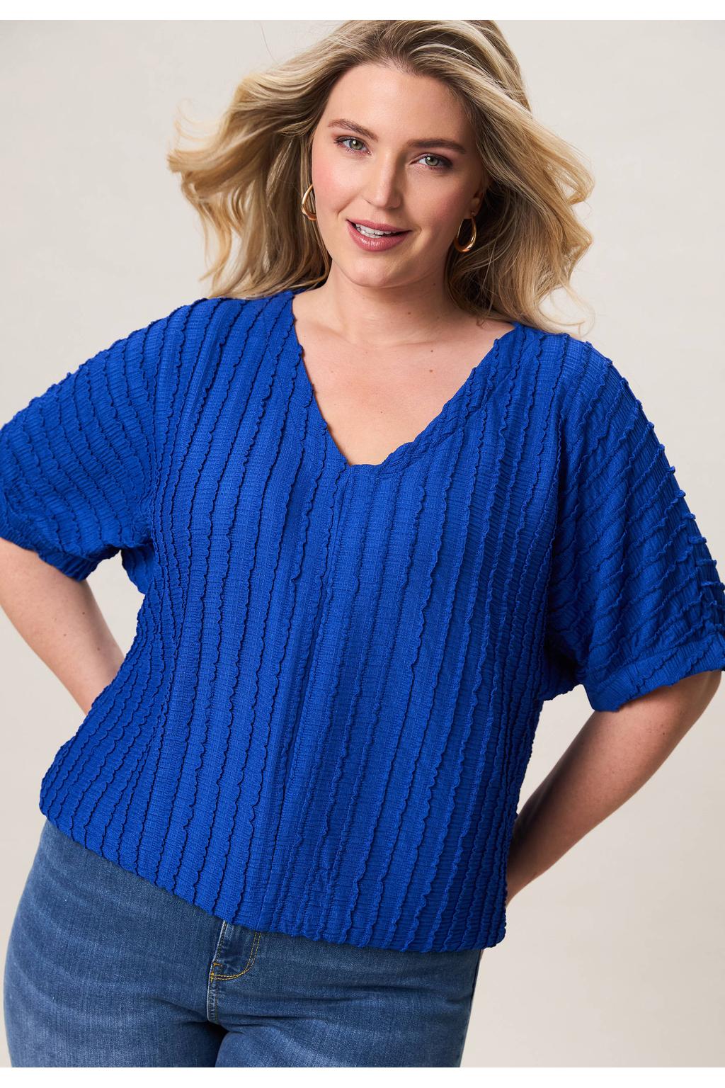Blauwe dames Miss Etam Plus top van polyester met effen, korte mouwen en textuur