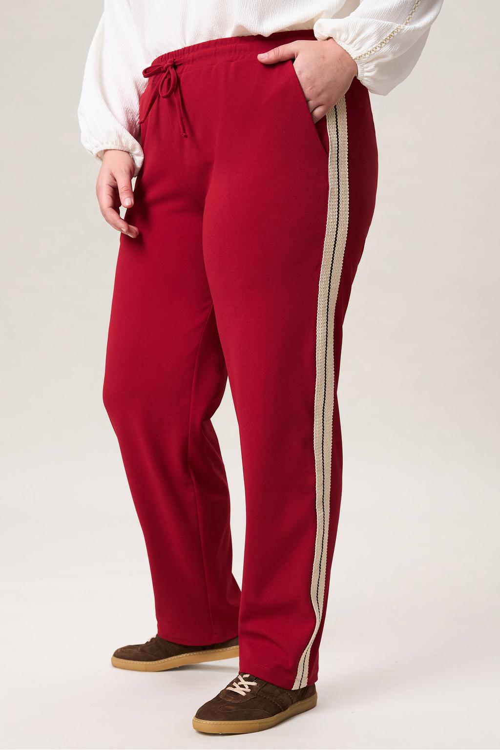 Rood en ecru dames Miss Etam Plus regular waist gestreepte casual broek van polyester met loose fit en elastische tailleband