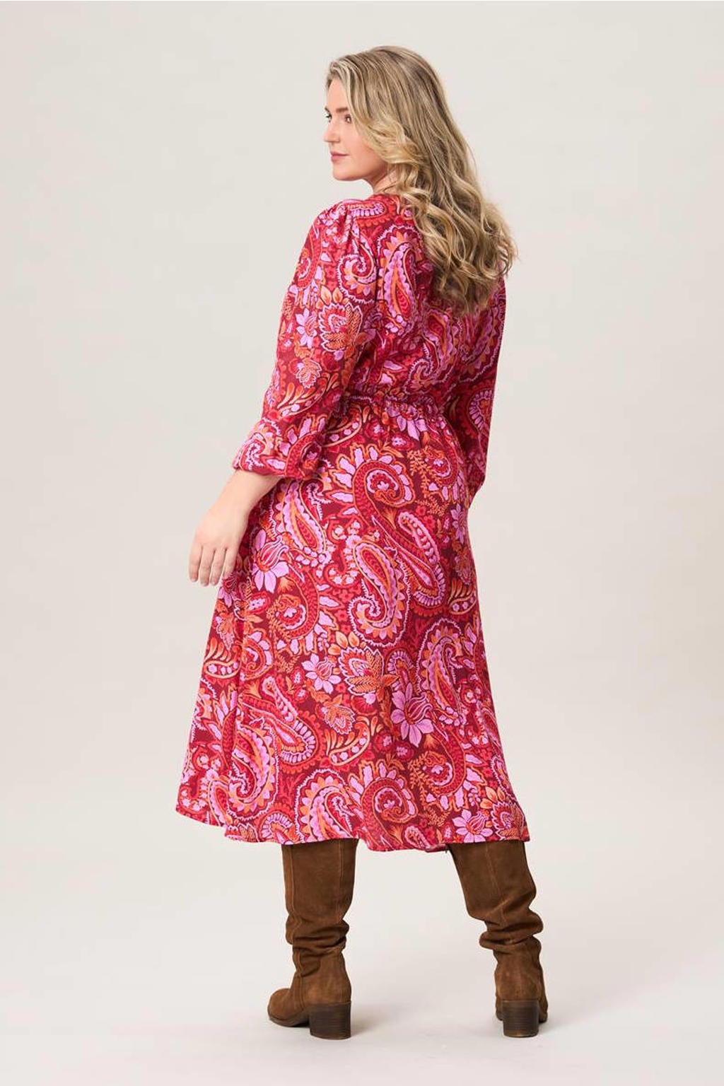 Rood en roze dames Miss Etam Plus blousejurk van viscose met driekwart mouwen en knoopsluiting